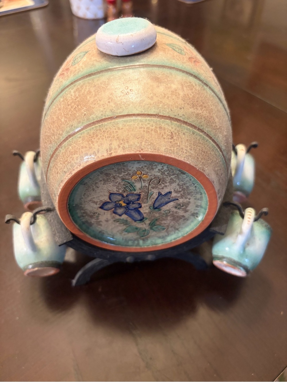 Ceramic Floral Barrel Décor with Teacups - Sage Green and Cream